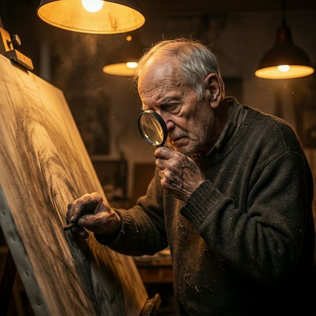 Visually impaired artist painting with charcoal